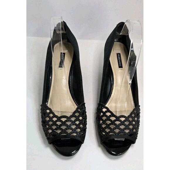 Alex Marie Black Patent Wedge Peep Toe Shimmering Straps Sz 8.5 Summer Shoes - Picture 3 of 8